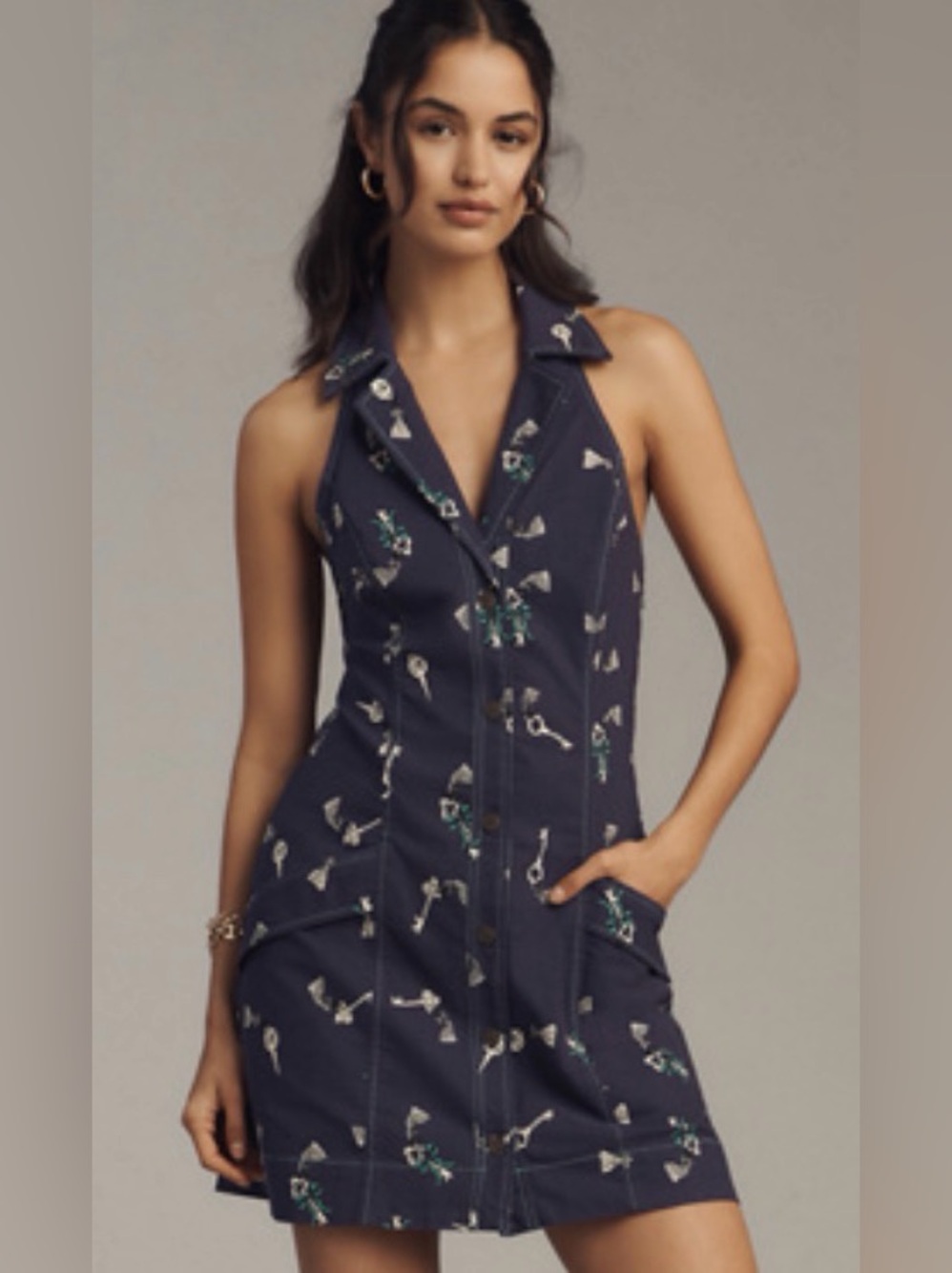 Anthropologie Maeve Navy Halter Zip-Front Mini Dress with Key Print Size S